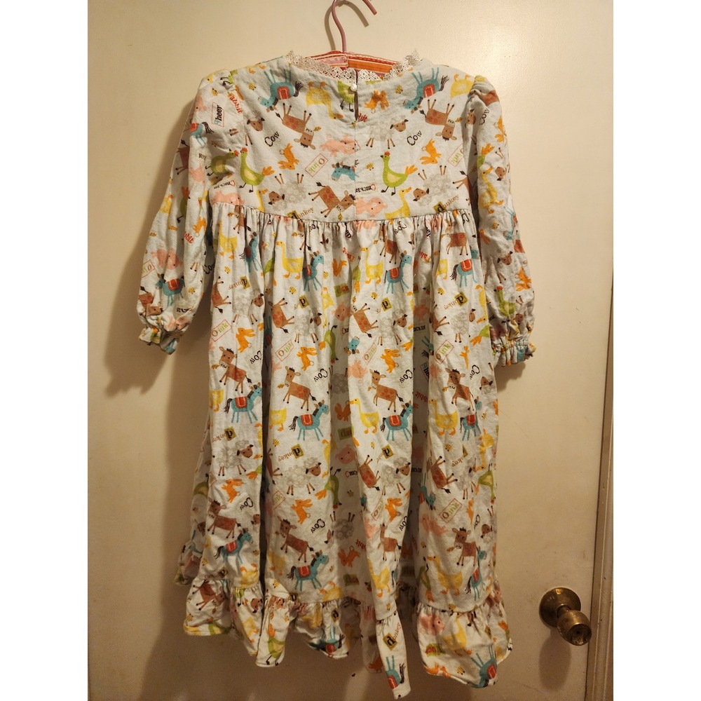 Handmade Kids Farm Animal Flannel Nightgown Long Sleeve Ruffle Gown 4/5 - Picture 5 of 8